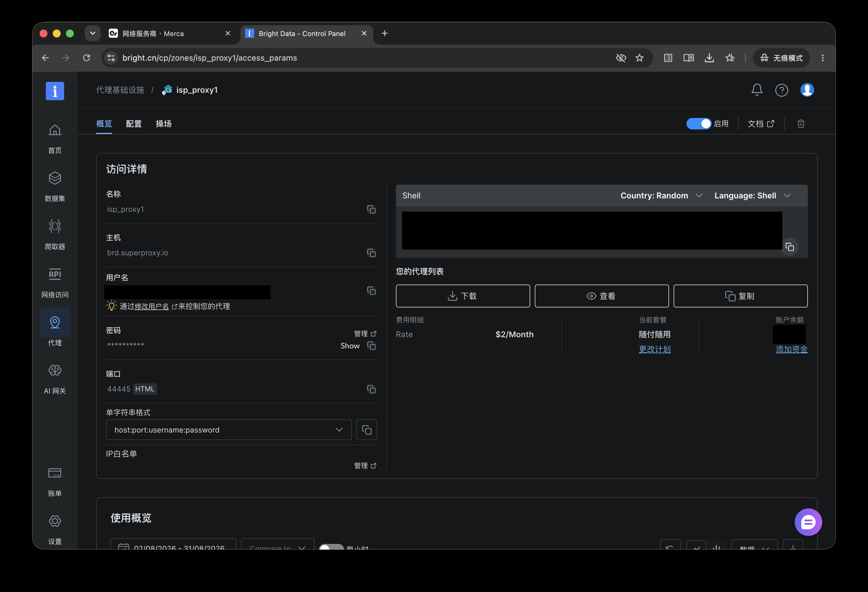 Connection details in the Bright Data dashboard