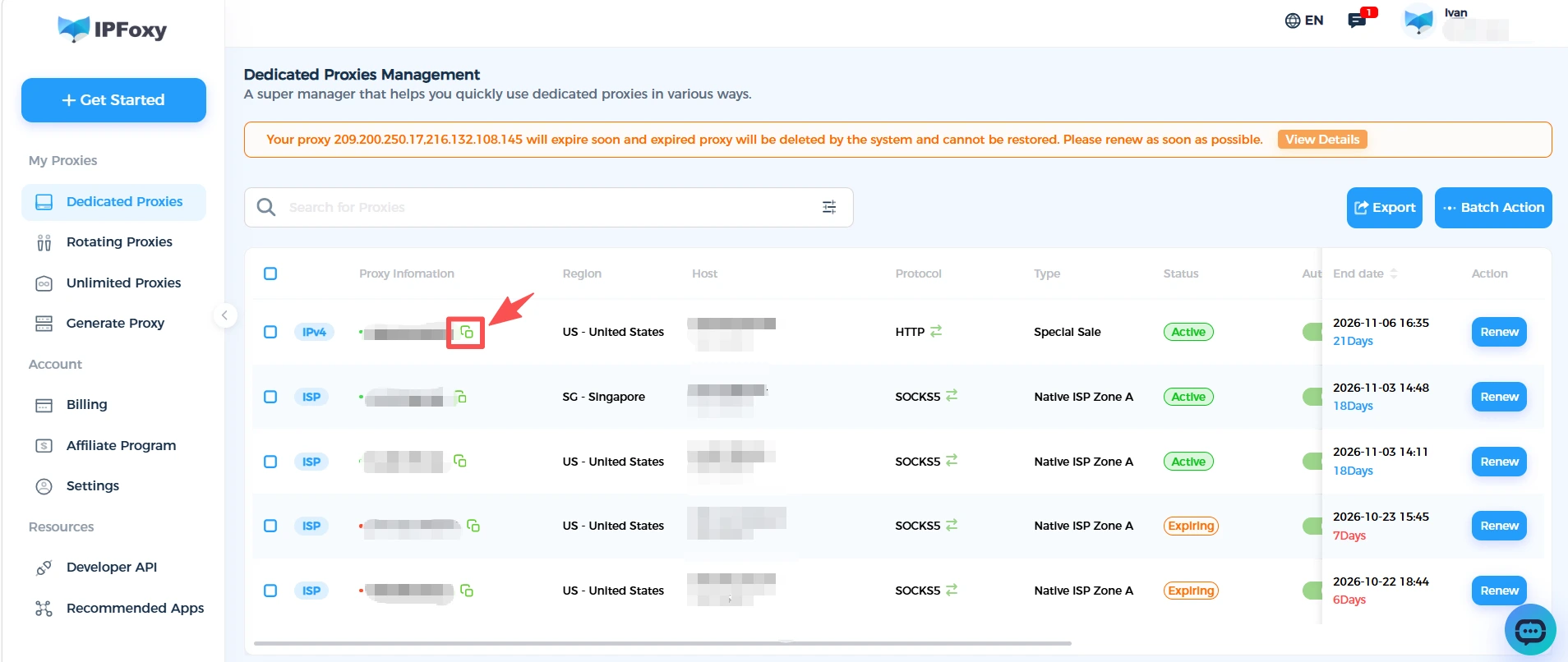 Copy dedicated proxy details