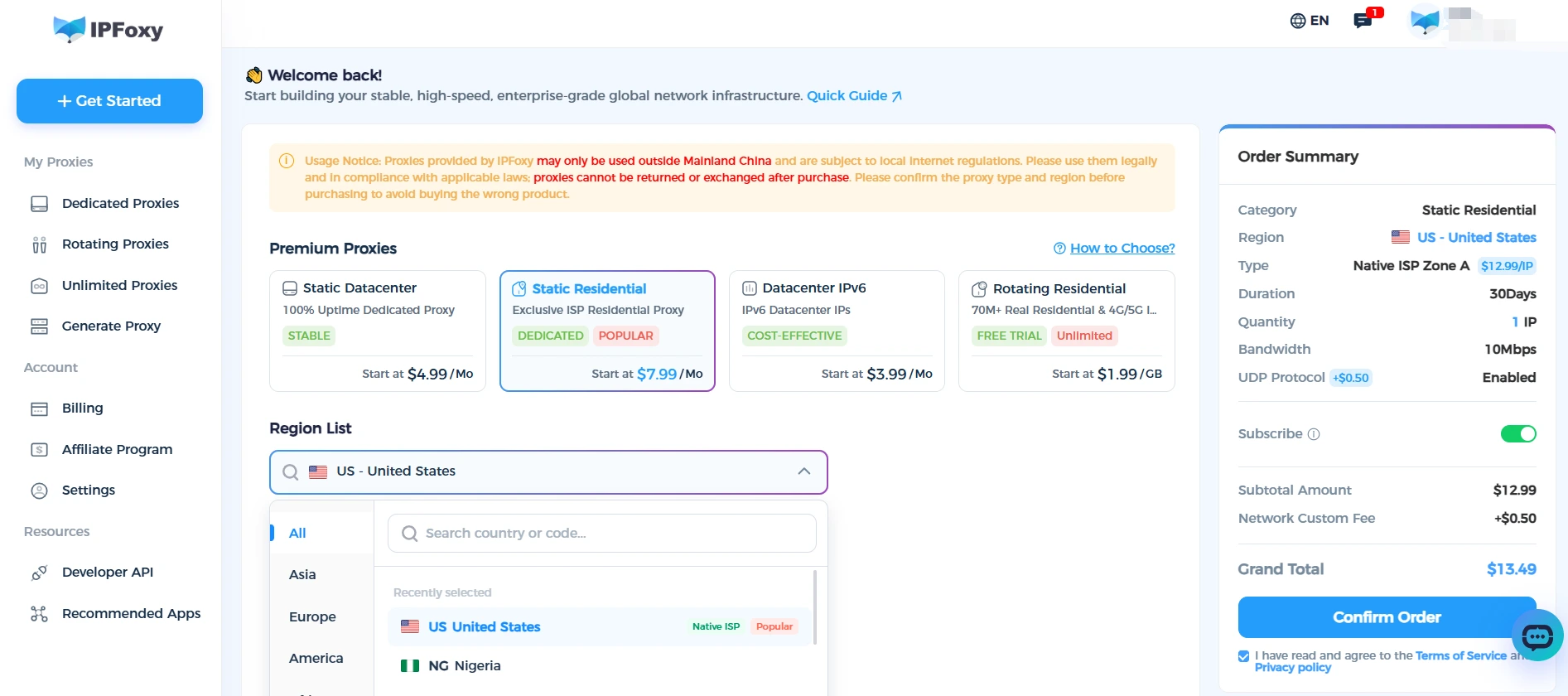 Choose a proxy type and region