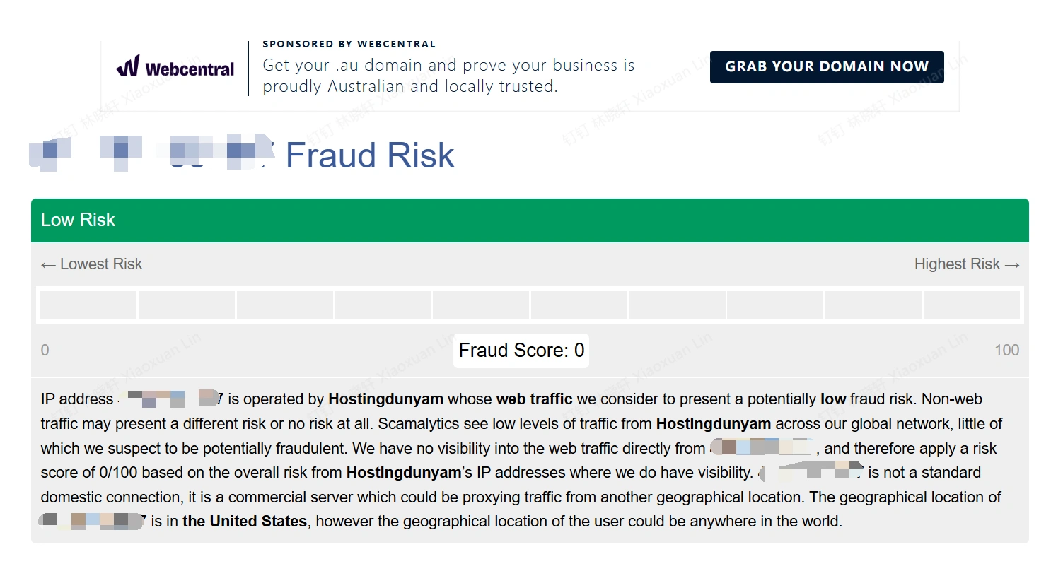 Provider-supplied Scamalytics risk score screenshot