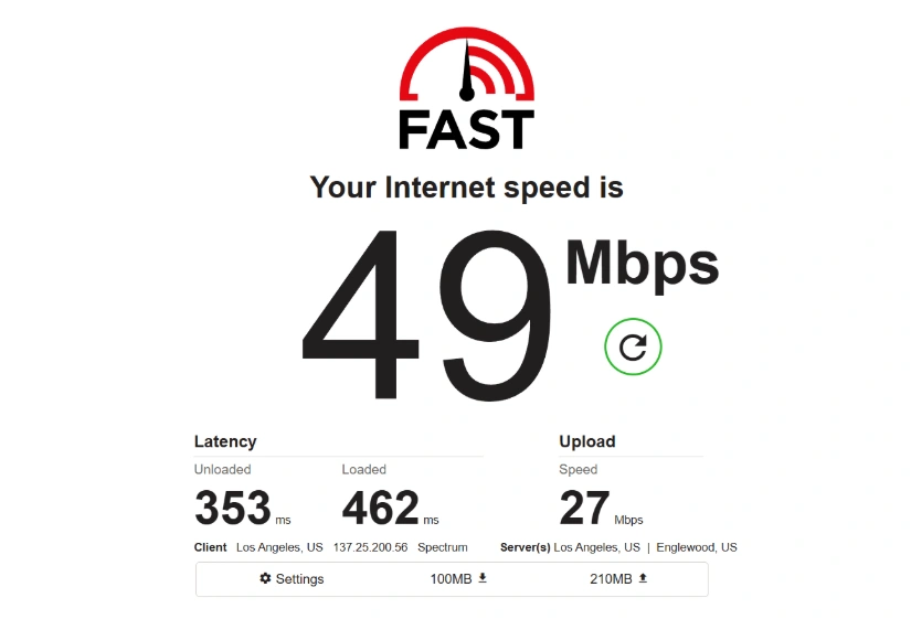 Provider-supplied Fast result showing 49 Mbps download and 27 Mbps upload