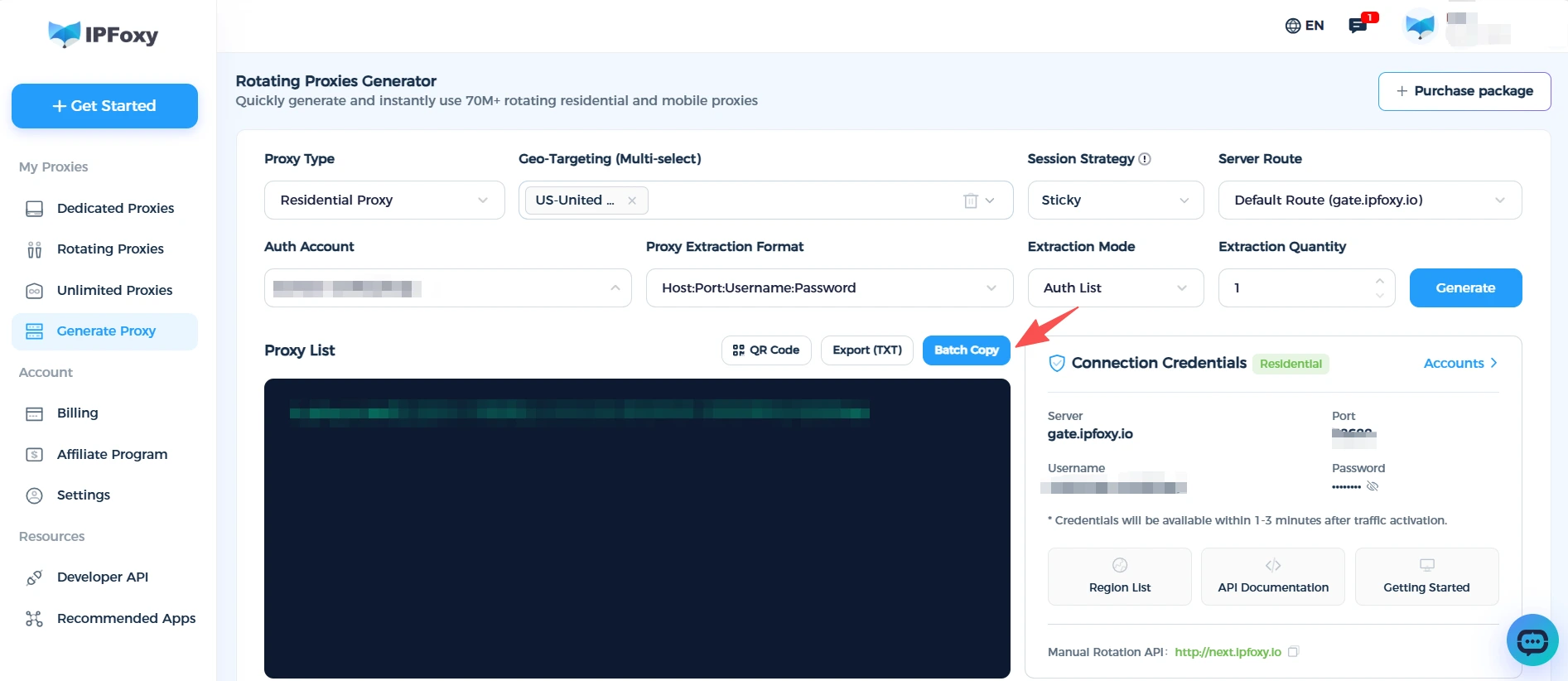 Generate and copy rotating proxy details