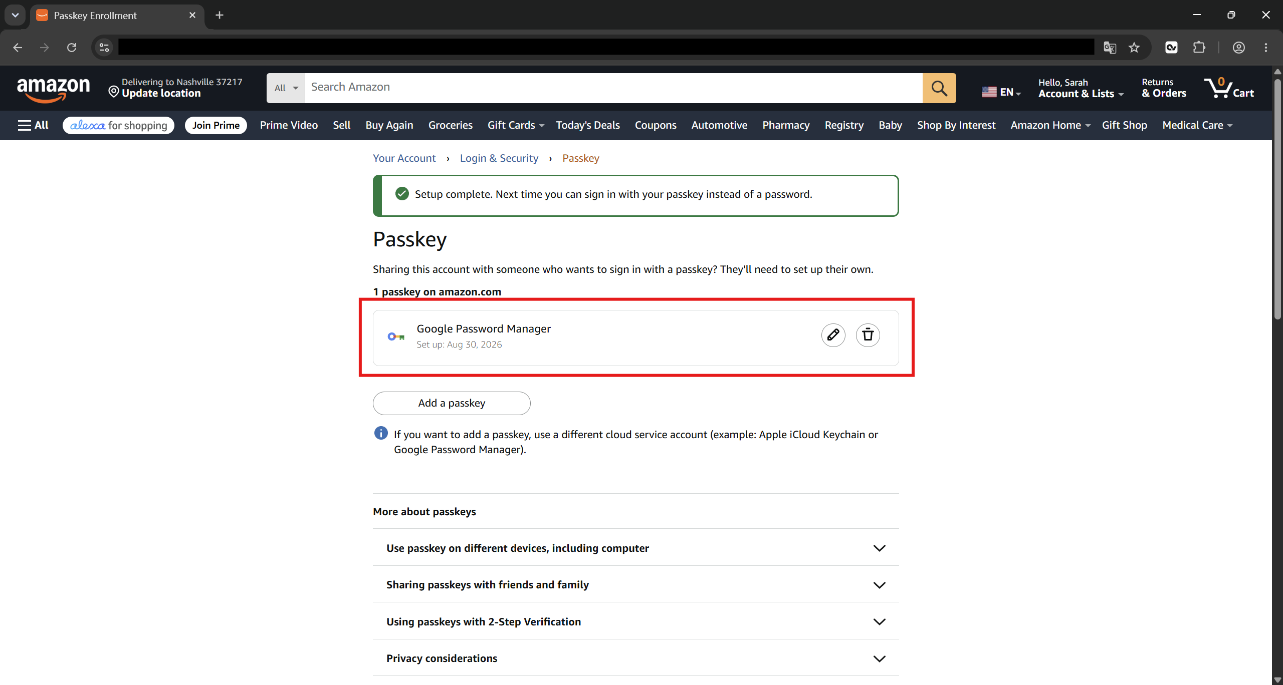 Amazon shows the Passkey is configured