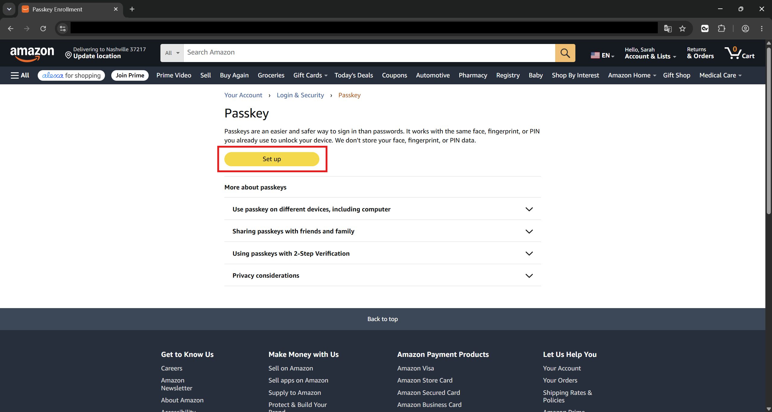 Amazon Passkey settings