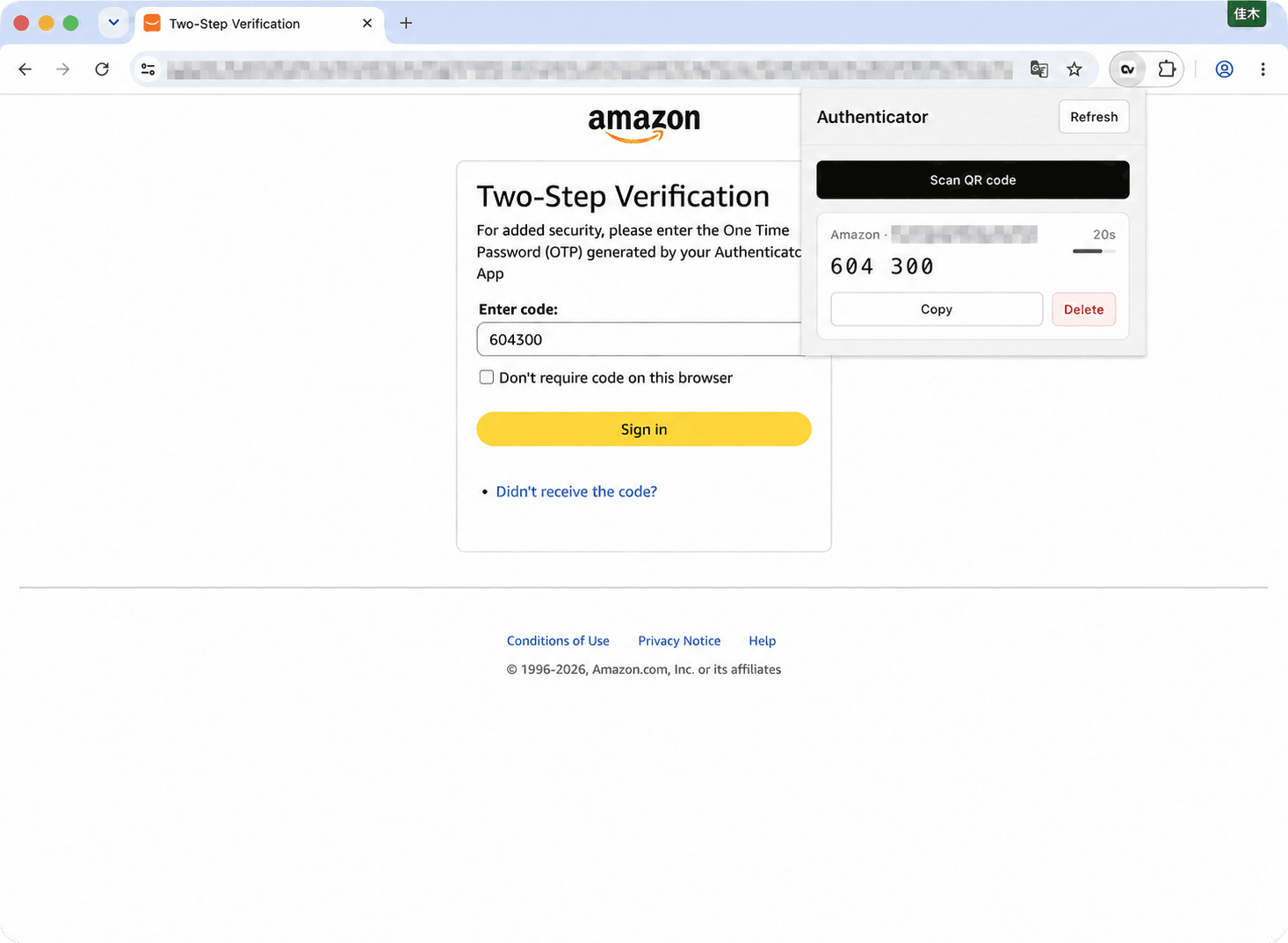 Amazon 两步验证截图，展示浏览器内的动态验证码工具